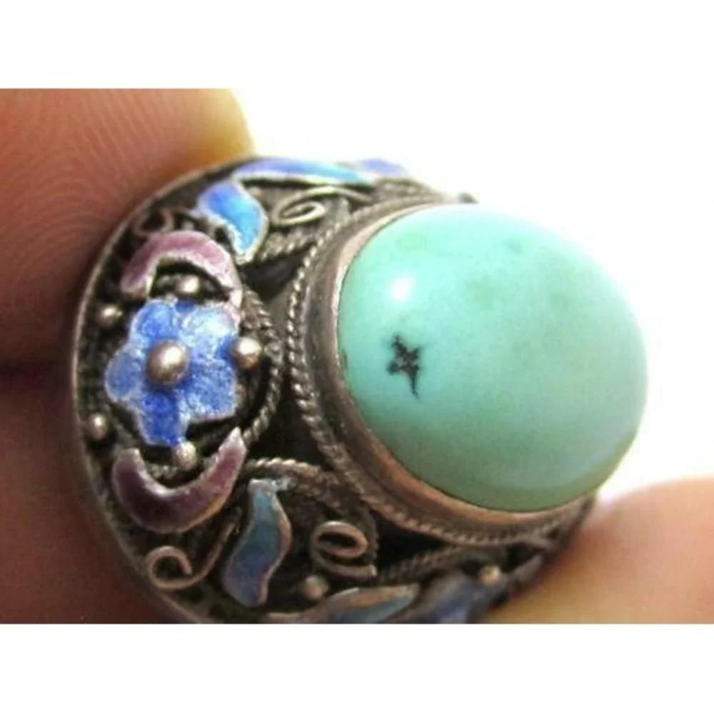 Vintage Chinese Export Enamel Flower 925 St Silver‎ Turquoise Ring*9.25